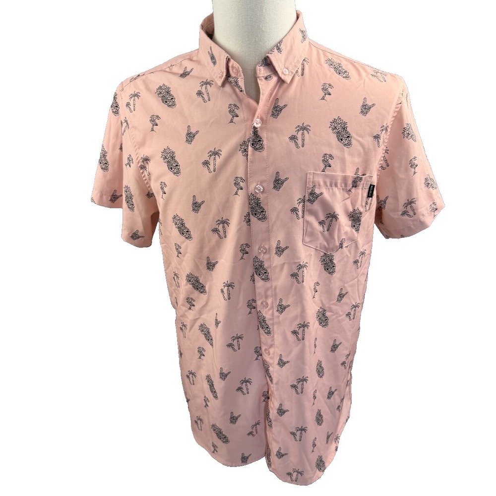 Molokai Surf Co Mens Pink Skull Pineapple Palm Tree Button Down Shirt Large
